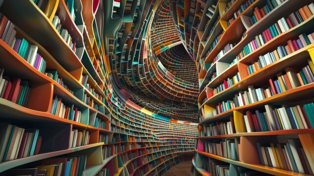 Abstract curved bookshelf library with colorful books creating surreal tunnel effect
