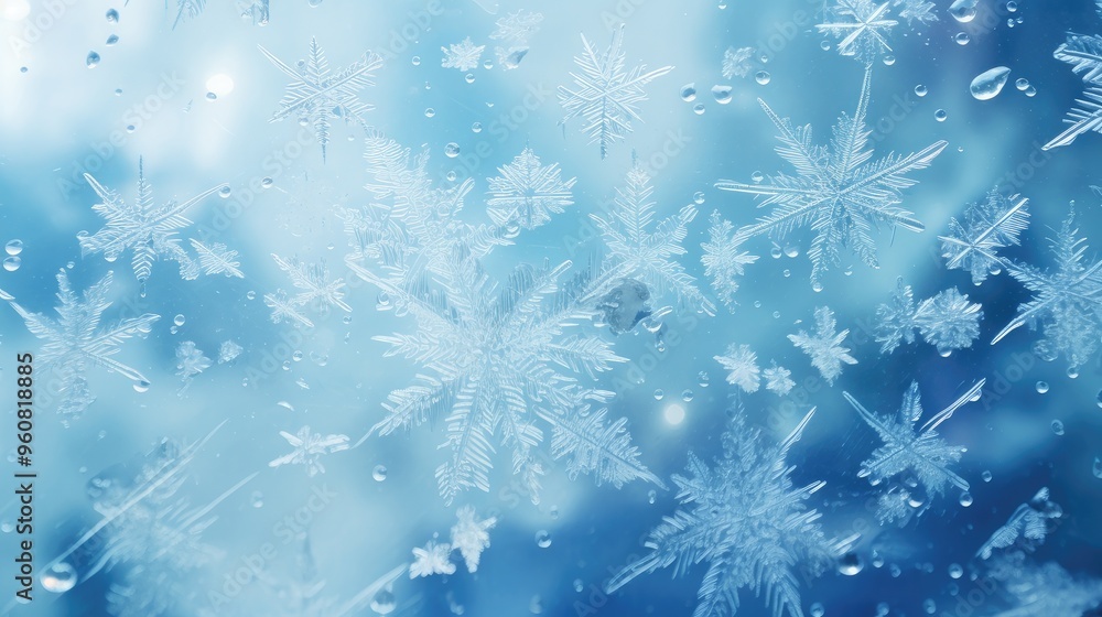 Aufkleber a close-up view of intricate snowflakes on a frosty surface, creating a serene winter atmosphere.