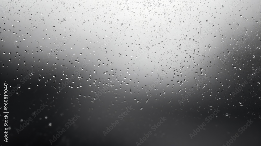 Poster a close-up view of rain droplets on a foggy window, creating a serene and moody atmosphere.