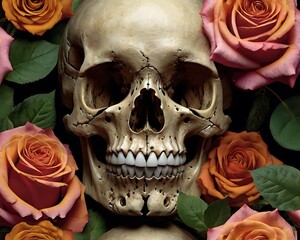 Human skulls with pink roses around, concept of death and love, cool graphical design