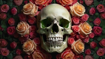 Human skulls with pink roses around, concept of death and love, cool graphical design