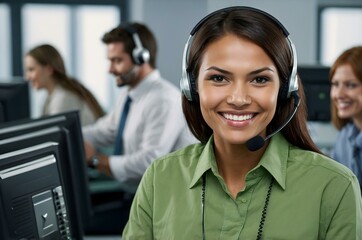 Green dressed brunette young woman with a headset smiling, working as a call center operator in a busy office. Bussineswoman, representative, operator, assists with customer support and communication 