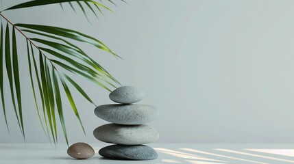 Obraz premium Stacked stones and palm leaf on light gray background for minimal product presentation.