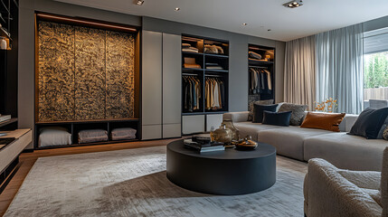 Cozy and modern living room with stylish wall pattern, plush furniture, and sleek, organized closet area in warm lighting.
