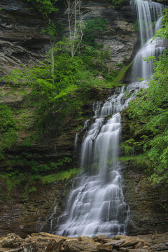 USA, West Virginia, New River Gorge National Park. Cliff with river waterfall cascade. 