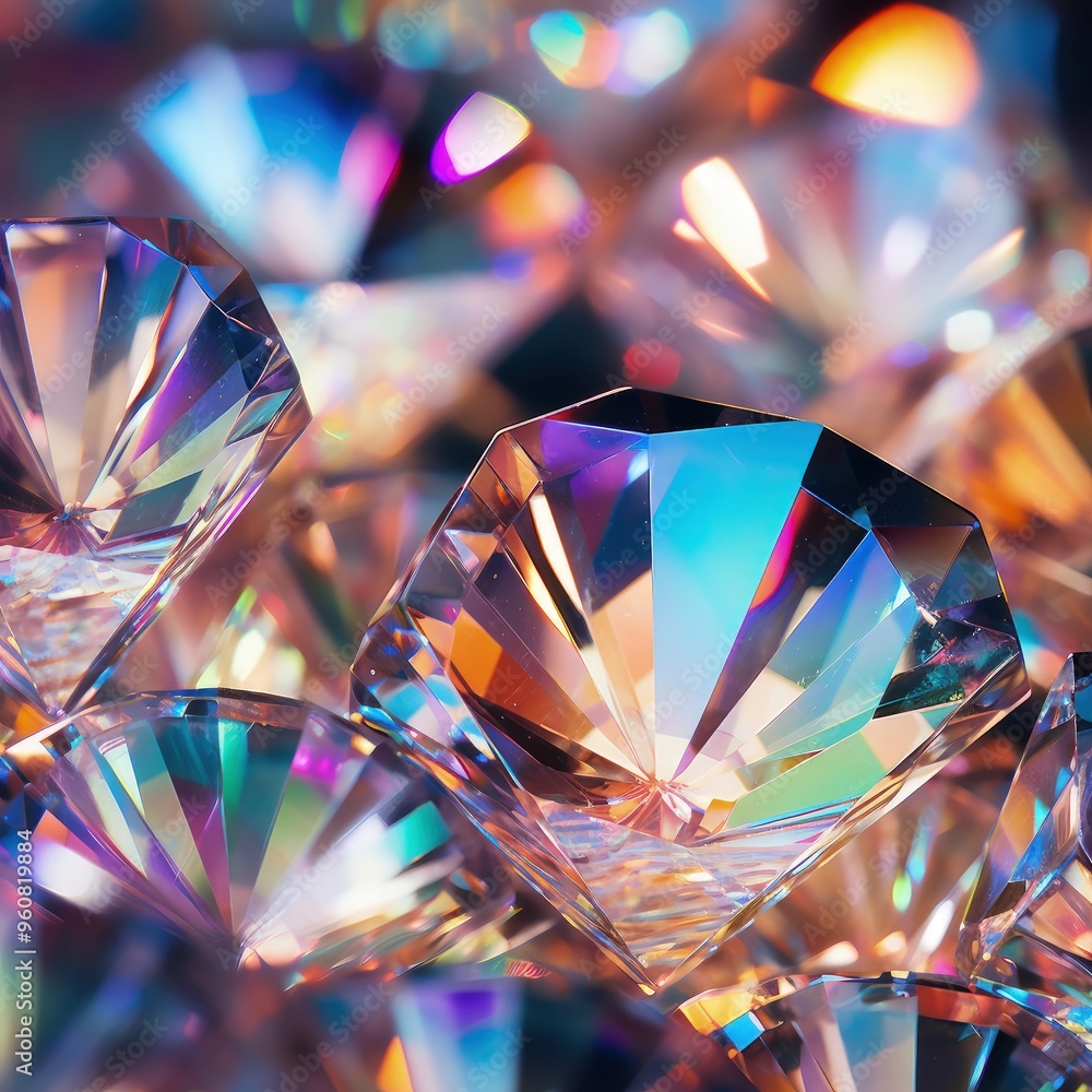 Poster a close-up view of sparkling, multi-faceted diamonds reflecting light in various colors.