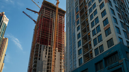 A modern construction site showcasing new high-rise buildings against a blue sky with cranes involved in the building process.