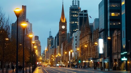 Naklejka premium Cityscape at dusk lit by warm glow of street lamps, mix of old and new buildings. AI generated