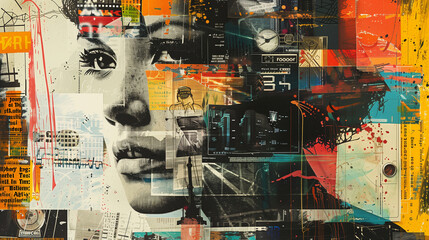 A contemporary art collage with a retro-futuristic aesthetic, combining vintage advertisements, futuristic technology, and bold typography in a striking composition. The use of con