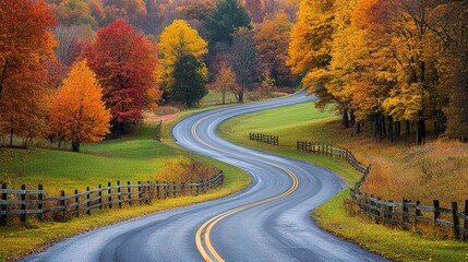 Obraz premium winding country road surrounded by colorful autumn trees, leading into a picturesque fall scene
