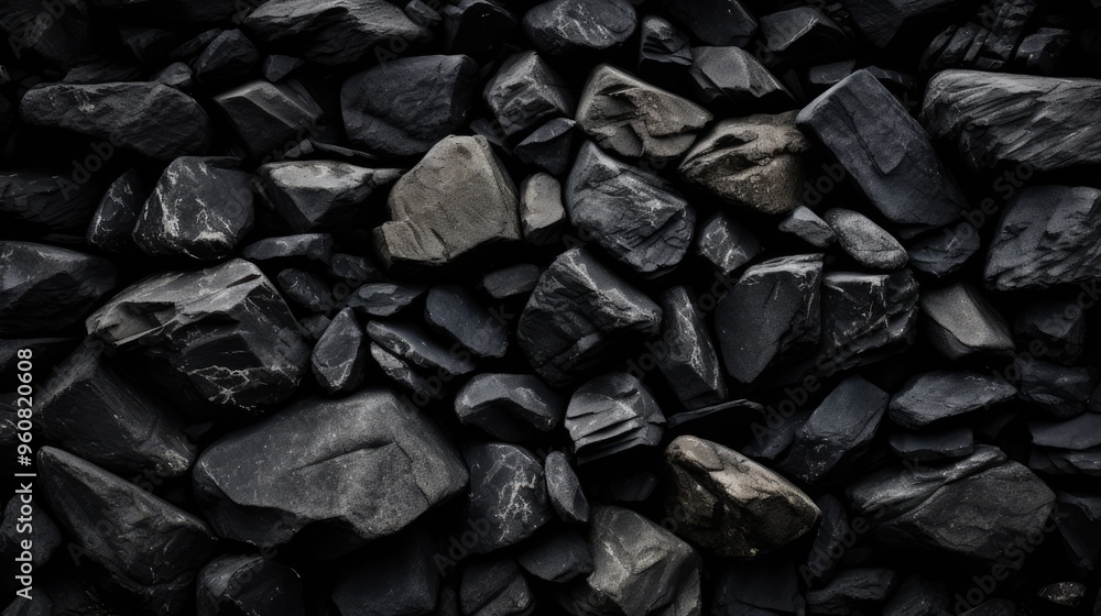 Poster a close-up view of various dark rocks arranged closely together, showcasing texture and natural patt