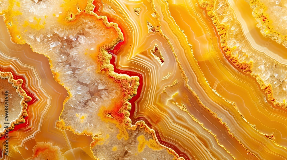 Poster a close-up view of vibrant orange and yellow agate stone with intricate patterns and textures.