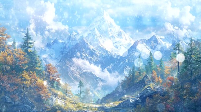 snowing in tibet mountain range with forrest and tree. seamless looping time-lapse virtual 4k video animation background