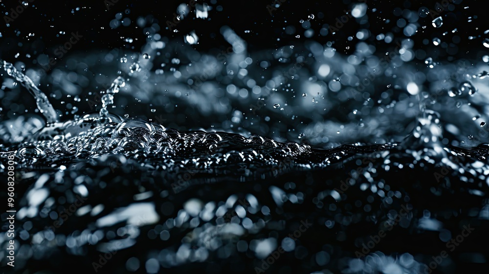 Poster a close-up view of water splashes against a dark background, highlighting the dynamic movement and t