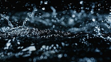 A close-up view of water splashes against a dark background, highlighting the dynamic movement and texture of liquid.