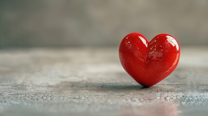 Fototapeta premium Glossy red heart standing upright on textured surface with blurred background