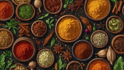 Various spices and herbs in bowls on a dark wooden background
