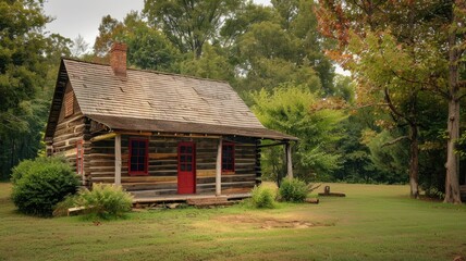 Fototapeta premium Rustic log cabin with red doors in lush, green clearing surrounded by trees
