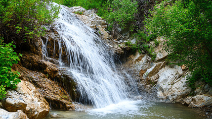 Obraz premium A serene waterfall cascading over rocks, surrounded by lush greenery, perfect for nature lovers and tranquil landscapes.