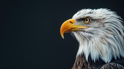 Obraz premium Close-up of majestic bald eagle against dark background, showcasing detailed plumage and sharp beak