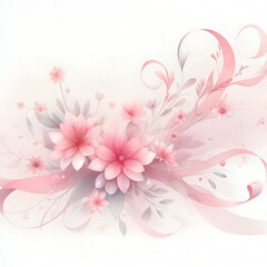 Delicate Floral Arrangement with Flowing Pink Ribbon, Soft Pastel Design and Copy Space