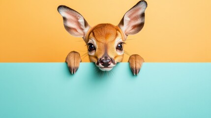 text space for advertising with funny part as portrait of a cute bambi peeking over a colored panal