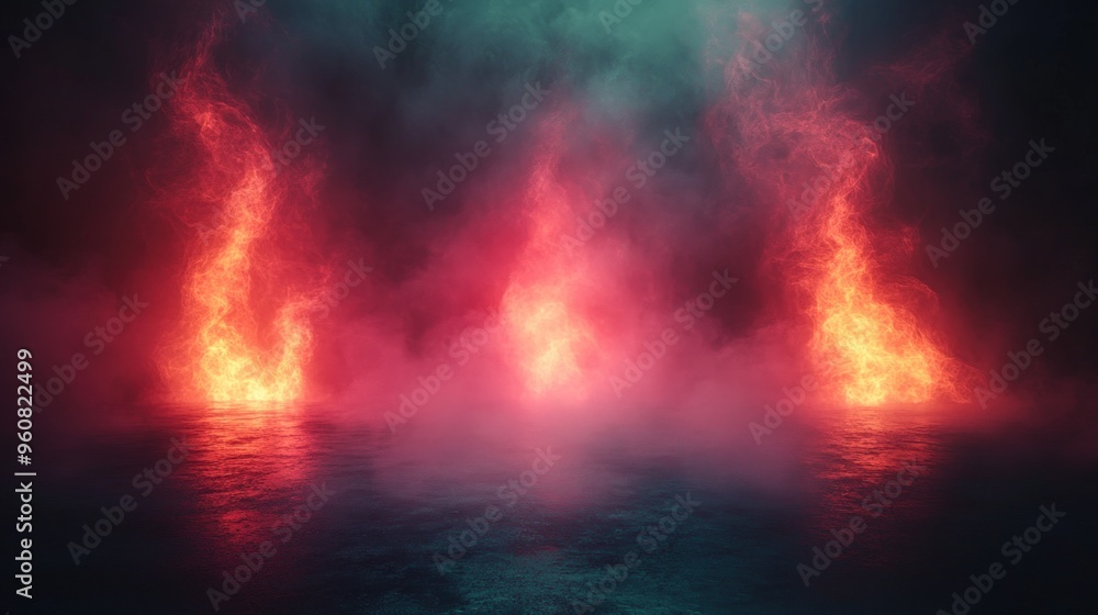 Poster abstract background of three red flames with smoke and fog on a dark reflective surface.