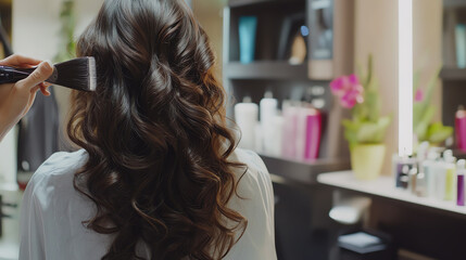 Fototapeta premium A stylist is curling beautiful hair in a modern salon. The rich curls enhance the glamour and elegance of the look.