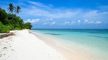A tranquil beach scene with white sand, clear water, and palm trees under a bright blue sky, perfect for relaxation and escape.