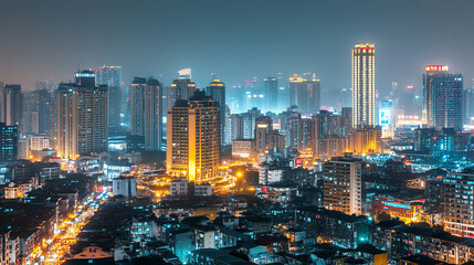 Naklejka premium A vibrant city skyline illuminated at night, showcasing modern architecture and bustling urban life.