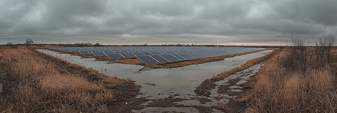 A large field of solar panels under a cloudy sky.