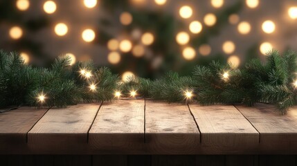 Winter Christmas product display template with empty wooden table fir branches and lights. Mockup image
