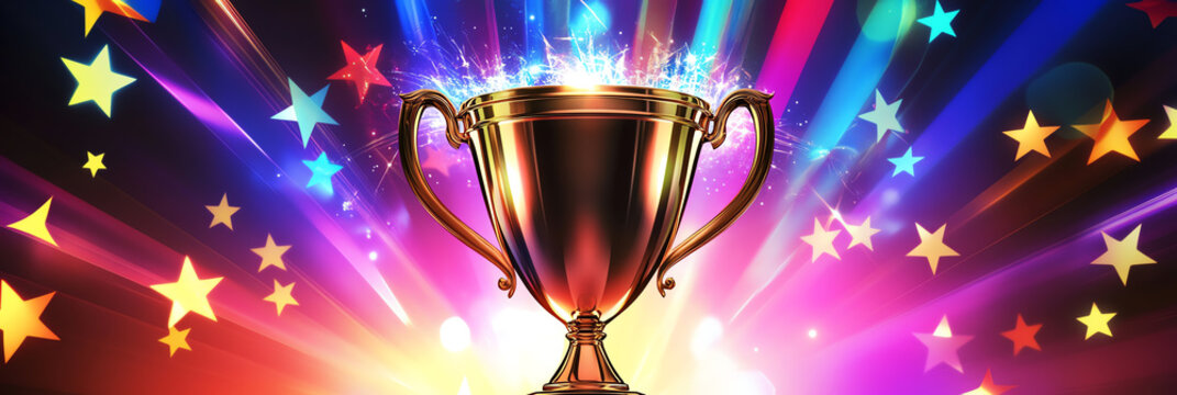 A vibrant trophy shines at the center, surrounded by colorful rays and stars, symbolizing achievement and celebration.