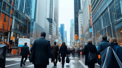 Obraz premium Business people crowd in bustling financial center modern skyscrapers. AI generated