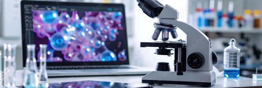 Poster molecular diagnostics in a laboratory setting with a laptop and microscope.