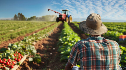 Person observing tractor farming in field of crops under clear sky