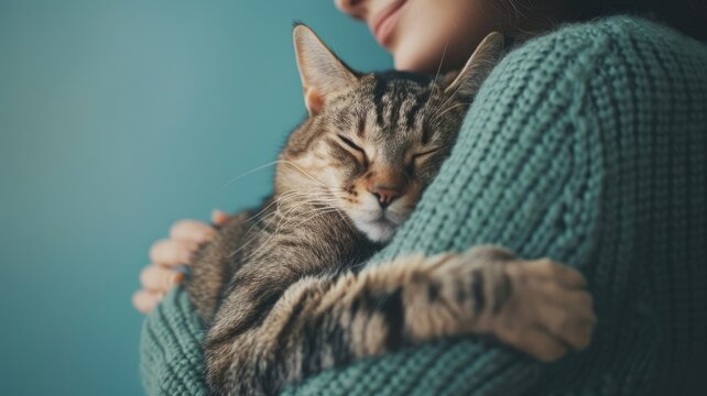 Person in teal sweater cuddling content striped cat
