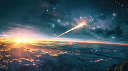 Vibrant artwork of meteor streaking across sunset sky over clouds