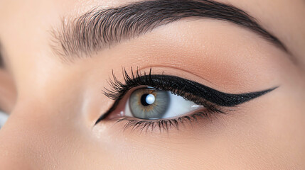 Obraz premium Close-up of a beautifully styled eye featuring winged eyeliner and mesmerizing eye color, highlighting cosmetic details and beauty.