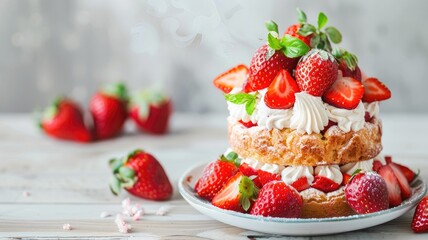 Layered strawberry shortcake with fresh strawberries and whipped cream on plate