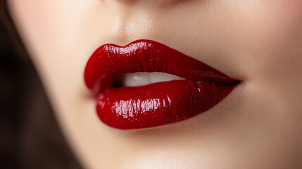 Obraz premium Close-up of glamorous red lips showcasing a glossy finish and perfect shape, ideal for beauty and fashion themes.