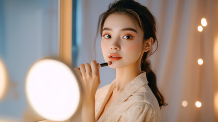 Elegant woman applying makeup in a softly lit room, showcasing beauty and style with a serene expression.