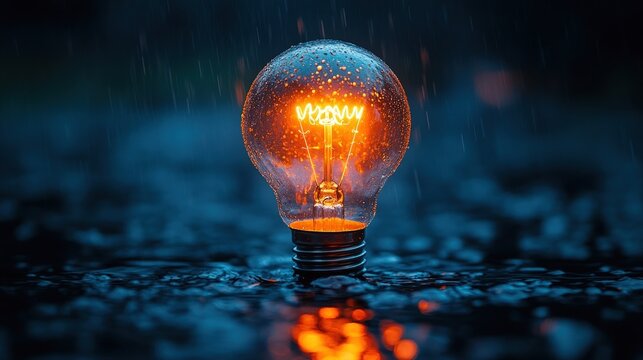 A glowing light bulb stands in the rain, symbolizing hope and perseverance in challenging times.