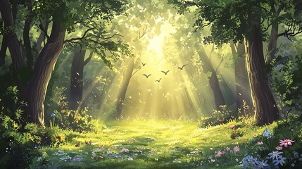 Obraz premium Sunbeams in a Lush Forest Clearing