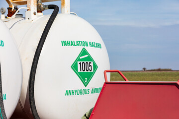 Anhydrous ammonia tank in farm field. Agriculture fertilizer application, costs and farmer safety...