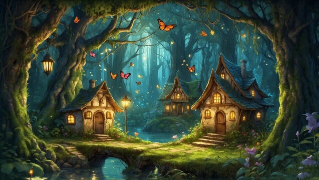 Enchanted forest with fairy tale cottages and fluttering butterflies.