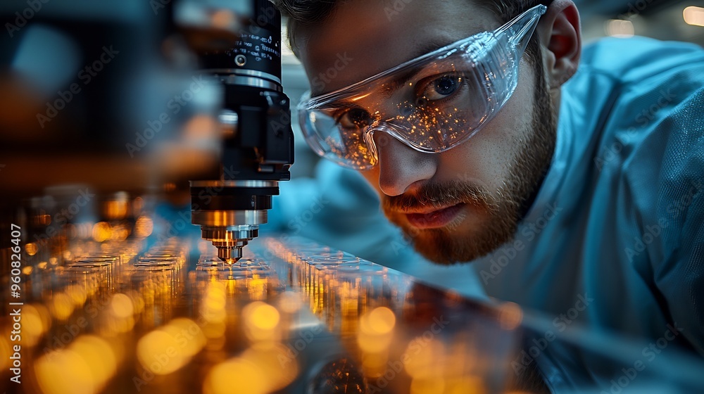 Canvas Prints engineer developing a photonic chip with lasers and waveguides in a cleanroom