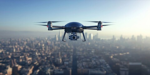 Quadcopter Drone Photographs Urban Skyline at Sunset