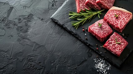 Three marbled raw steaks with herbs and spices on dark textured background