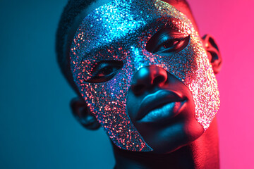 Mens Sequined Face Mask with Solid Neon Blue, Lifestyle Portrait, Fashion Background, Trendy, Modern, Eye catching